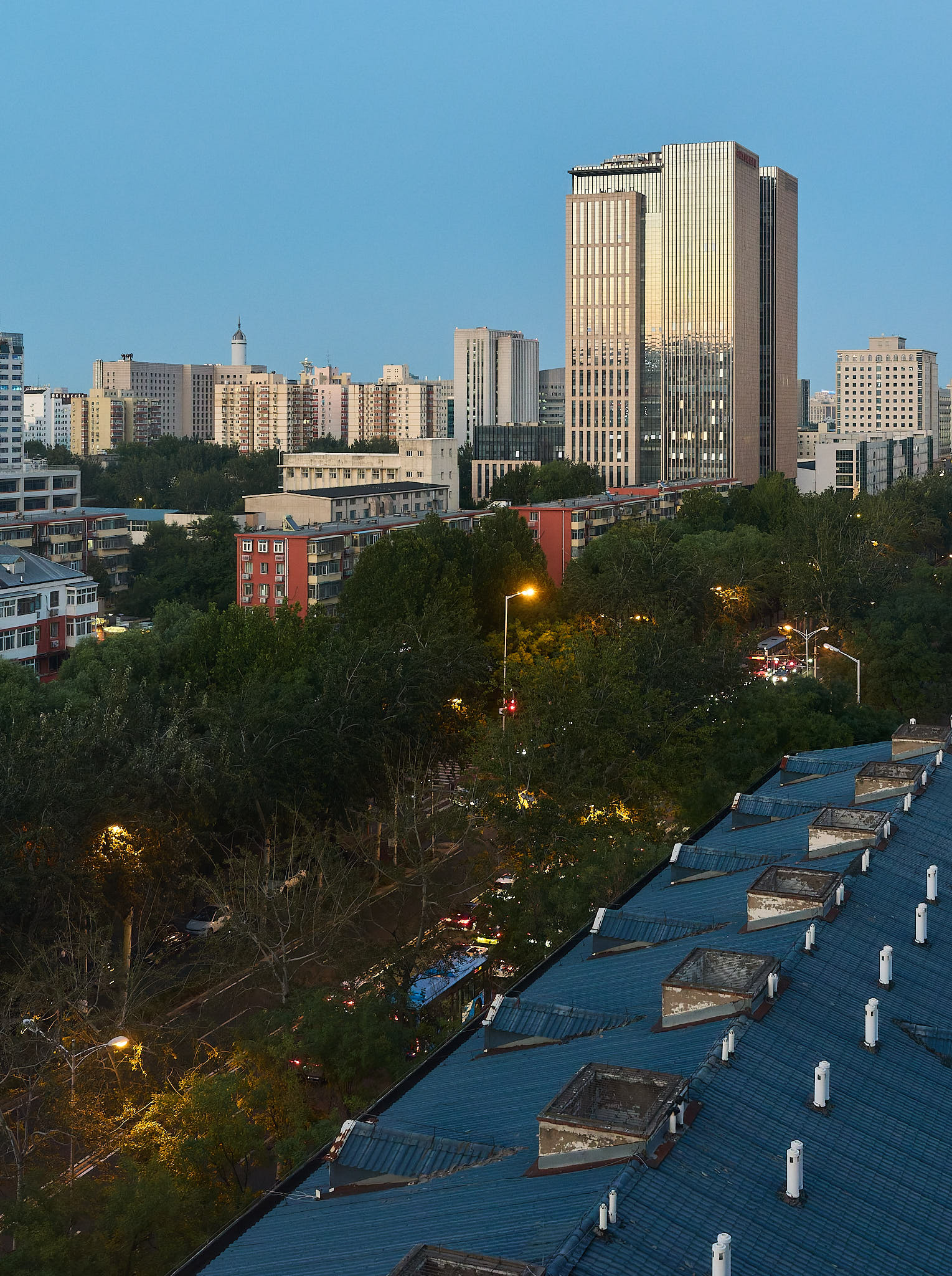 Photograph taken in the early evening through a ninth-floor window showing the city buildings and an avenue bordered by trees.